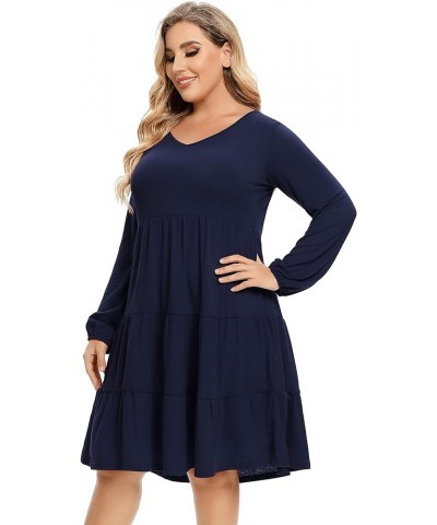 Women's Plus Size Casual Tunic Mini Dress Lantern Sleeve Ruffle Hem V Neck Loose Swing Fall Dresses Plus Size Navy Blue $13.9...