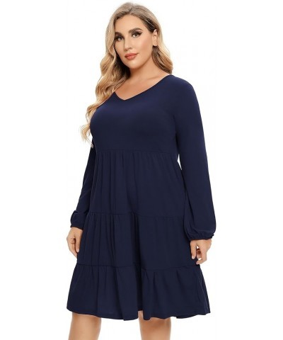 Women's Plus Size Casual Tunic Mini Dress Lantern Sleeve Ruffle Hem V Neck Loose Swing Fall Dresses Plus Size Navy Blue $13.9...