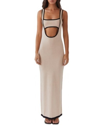 Women Crochet Knit Maxi Dress Y2K Hollow Out Bodycon Long Dress Halter Neck Open Back Cover Up Dress Beachwear Zl-apricot Cut...