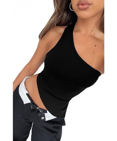 Women's One Shoulder Asymmetrical Hem Sleeveless Fitted Crop Top Blouse Shirt Black $14.99 Blouses