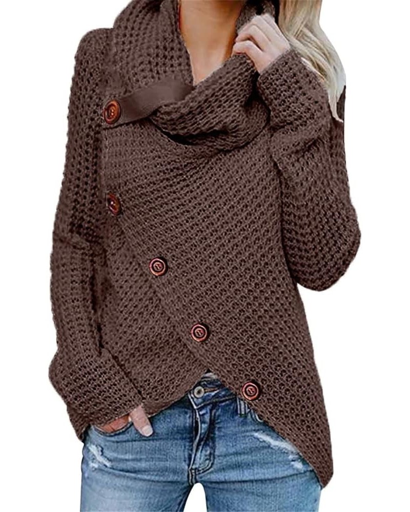 Womens Sweater Jumper Solid Color Cowl-Neck Asymmetric Hem Button-Down Knitted Top Loose Jersey Pullover Knitwear A-brown $12...