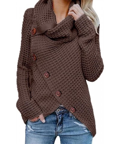 Womens Sweater Jumper Solid Color Cowl-Neck Asymmetric Hem Button-Down Knitted Top Loose Jersey Pullover Knitwear A-brown $12...