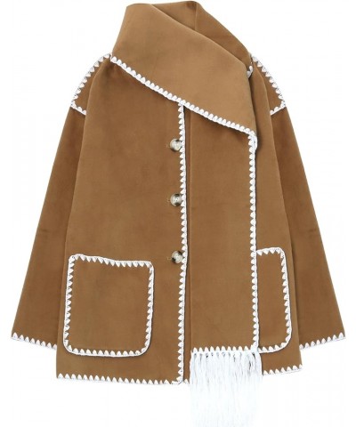 Women's Scarf Jacket Embroidered Oversized Crewneck Button Down Wool Blend Coat with Pockets Camel $18.04 Coats