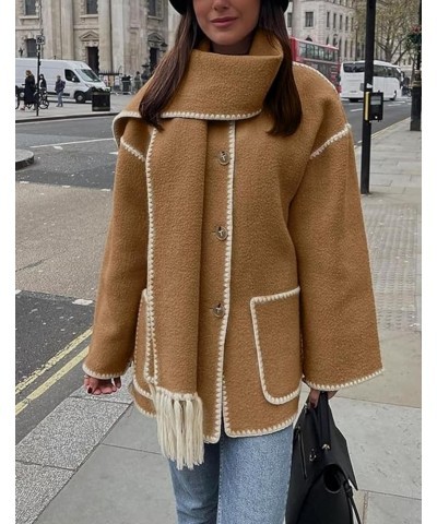 Women's Scarf Jacket Embroidered Oversized Crewneck Button Down Wool Blend Coat with Pockets Camel $18.04 Coats