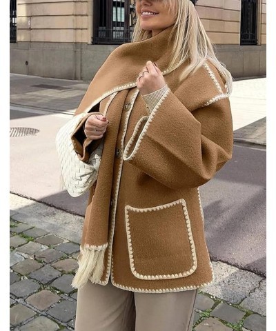 Women's Scarf Jacket Embroidered Oversized Crewneck Button Down Wool Blend Coat with Pockets Camel $18.04 Coats