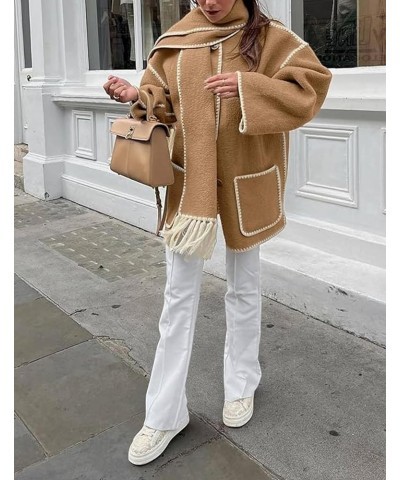 Women's Scarf Jacket Embroidered Oversized Crewneck Button Down Wool Blend Coat with Pockets Camel $18.04 Coats